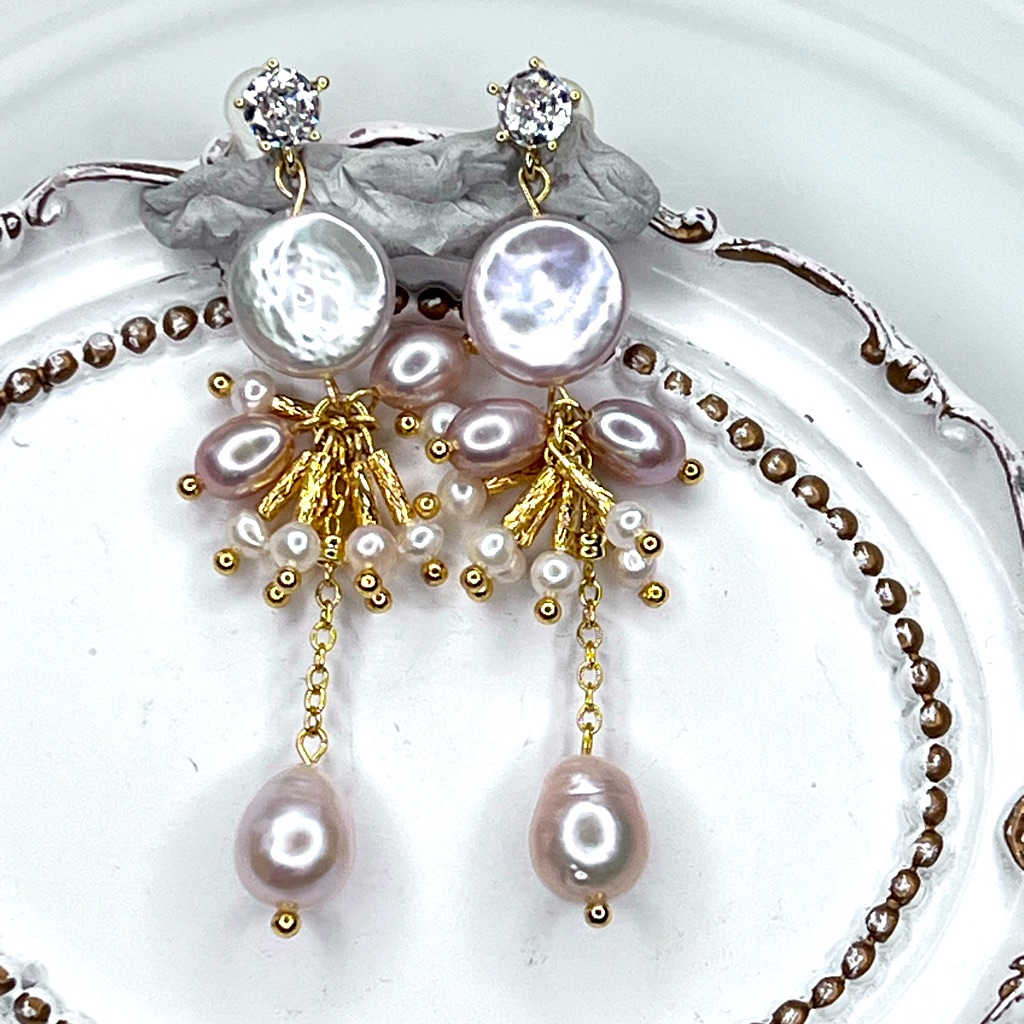 Handmade Freshwater Coin Pearl Crystal Earrings S925 Sterling Silver Posts